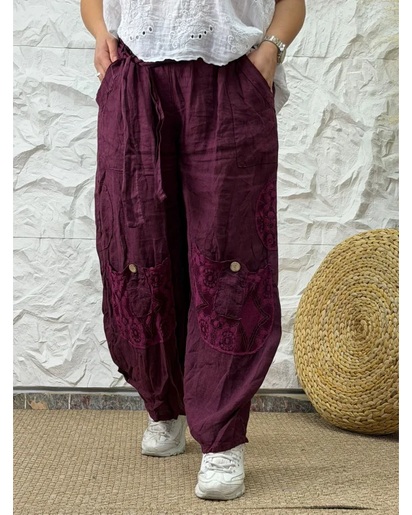 İtalyan Tasarım Keten Dantel Detaylı Pantolon Bordo