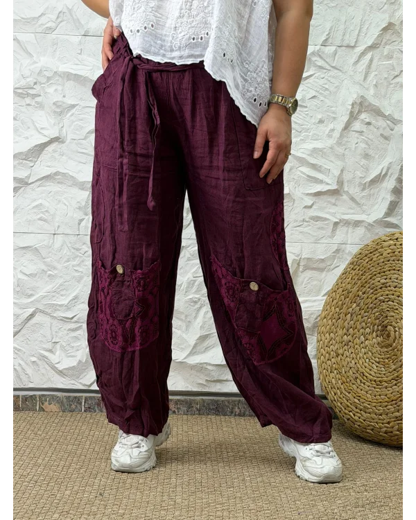 İtalyan Tasarım Keten Dantel Detaylı Pantolon Bordo