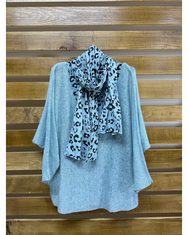 İtalyan Tasarım Leopar Desen Fularlı Yün Bluz SU Yeşili