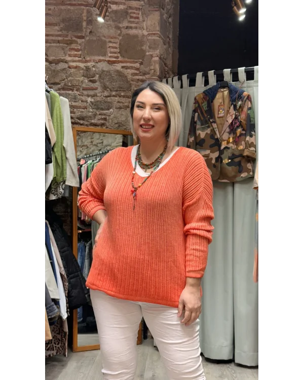 İtalyan Eskitme Merserize Tasarım Bluz Turuncu