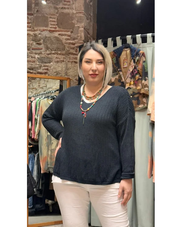 İtalyan Eskitme Merserize Tasarım Bluz Siyah