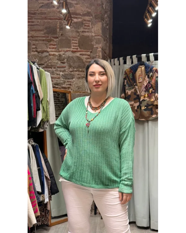 İtalyan Eskitme Merserize Tasarım Bluz Çimen