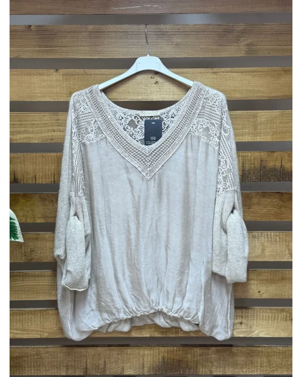 İtalyan Tasarım Önü İpek Arkası Triko V Yaka Bluz Krem