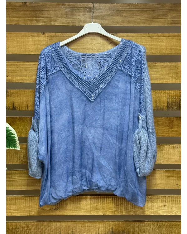 İtalyan Tasarım Önü İpek Arkası Triko V Yaka Bluz Mavi