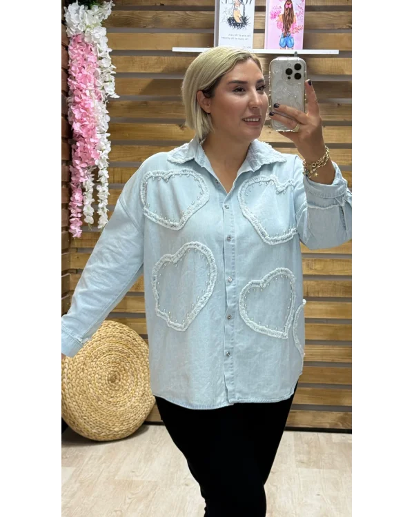 İtalyan Kalp Desenli Kot Gömlek