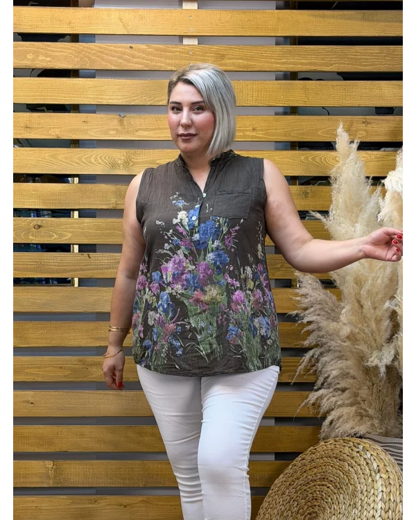 İtalyan Pamuk Keten Çicekli Bluz Kahve