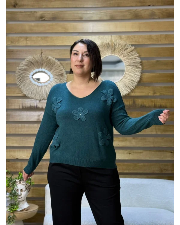 İtalyan Tasarım Papatya İşlemeli Angora Kazak Türk Mavisi