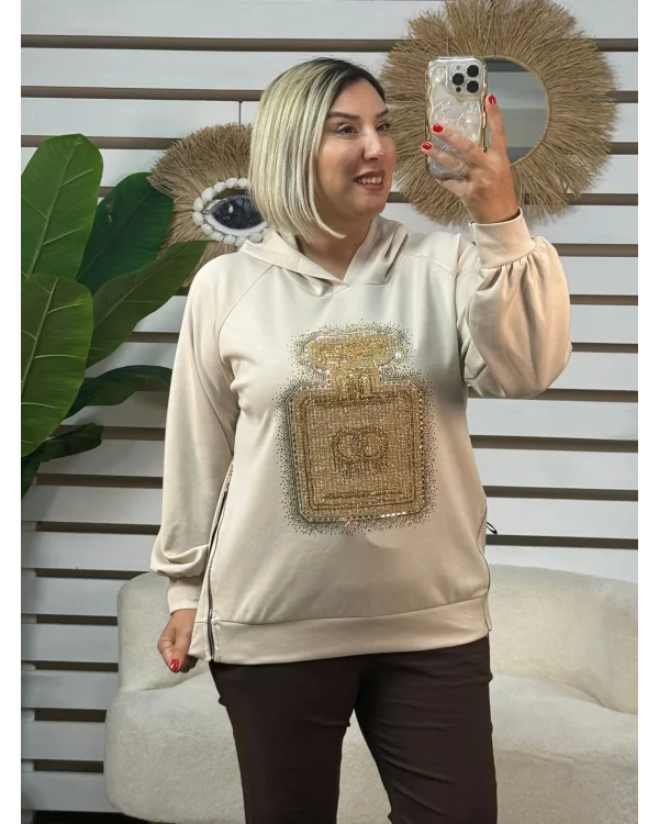İtalyan Tasarım Aztek Desen Pul Payet Bluz Krem