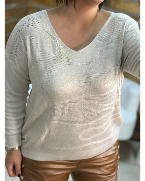 İtalyan Tasarım Desenli Örme Detaylı Yaldız Triko Bluz Krem