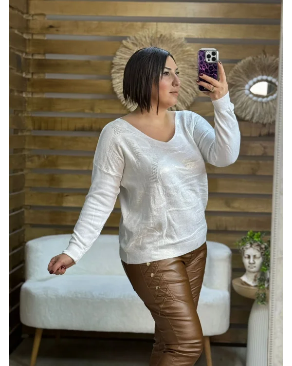 İtalyan Tasarım Desenli Örme Detaylı Yaldız Triko Bluz Beyaz