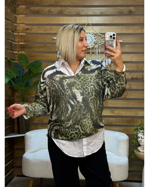 İtalyan Tasarım Dijital Baskı Merserize Bluz Yeşil