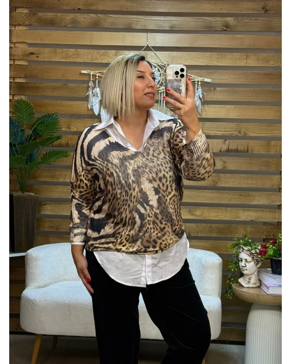 İtalyan Tasarım Dijital Baskı Merserize Bluz Kahve