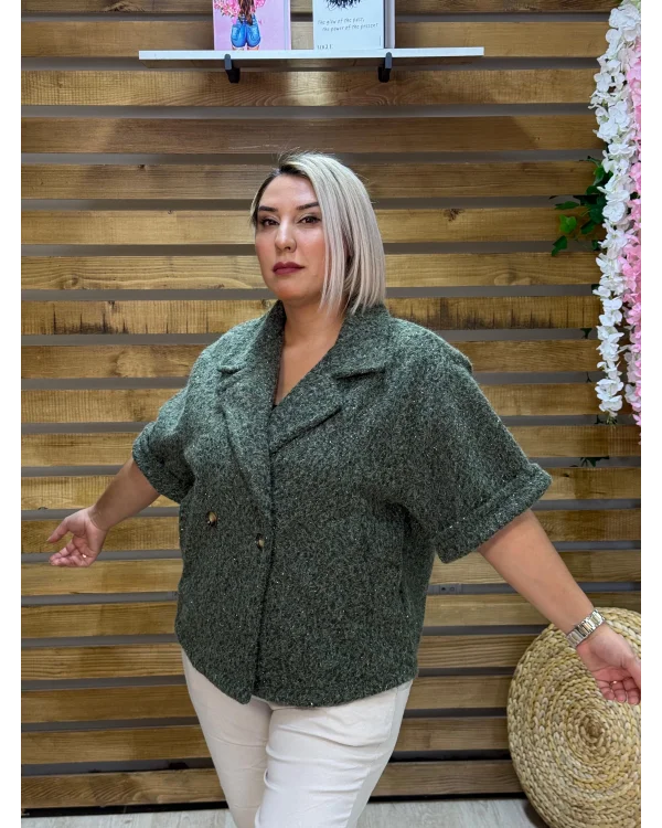 İtalyan Tasarım Düz Desen Keçe Ceket Haki