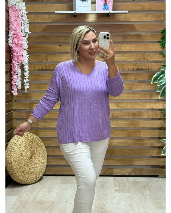 İtalyan Tasarım Fitilli V Yaka Bluz Lila
