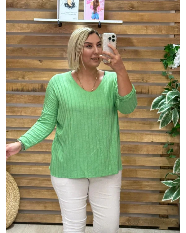 İtalyan Tasarım Fitilli V Yaka Bluz Neon Yeşil