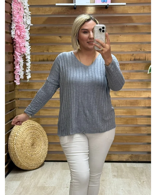 İtalyan Tasarım Fitilli V Yaka Bluz Gri