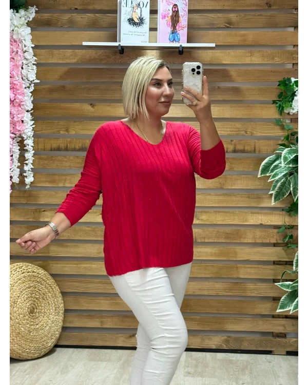 İtalyan Tasarım Fitilli V Yaka Bluz Kırmızı
