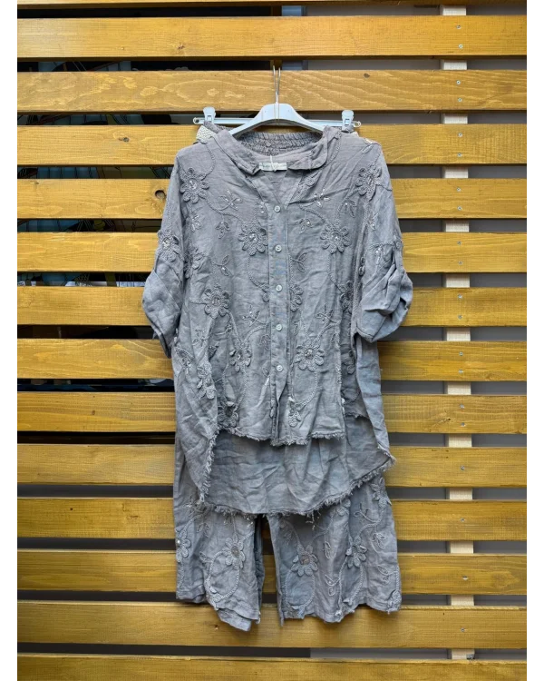 İtalyan Tasarım Ham Keten Nakış işlemeli Takım Vizon