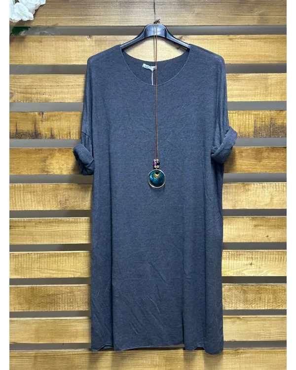 İtalyan Tasarım Hamur Triko Kolyeli Elbise Lacivert