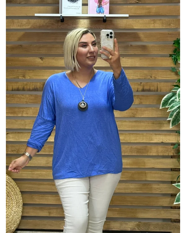 İtalyan Tasarım İpeksi Triko Kolyeli Bluz Mavi