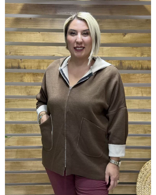 İtalyan Tasarım Kapüşonlu Düz Desen Kap Camel