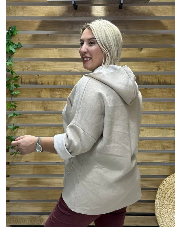 İtalyan Tasarım Kapüşonlu Düz Desen Kap Krem