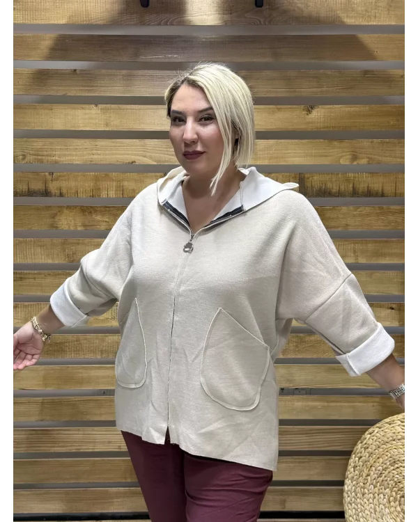 İtalyan Tasarım Kapüşonlu Düz Desen Kap Krem