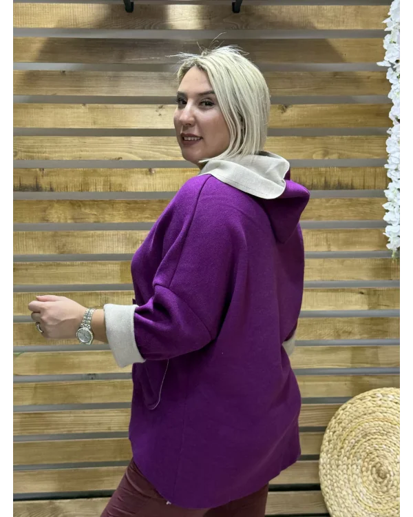 İtalyan Tasarım Kapüşonlu Düz Desen Kap Leylak