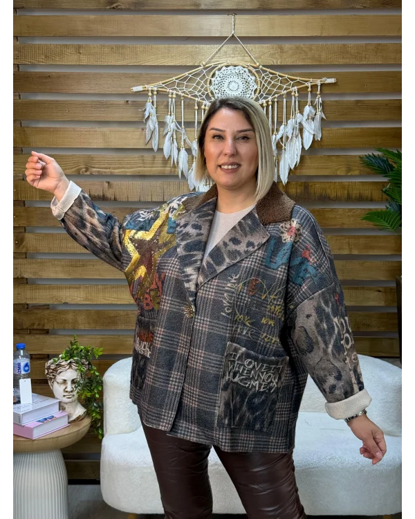 İtalyan Tasarım Keçe Blazer Ceket Yazı Detaylı