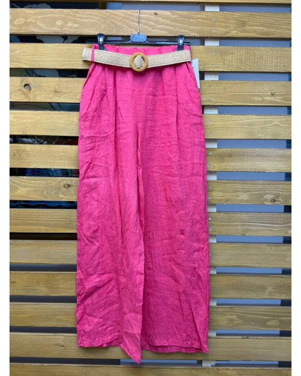 İtalyan Tasarım Kemer Detaylı Keten Pantolon Pembe