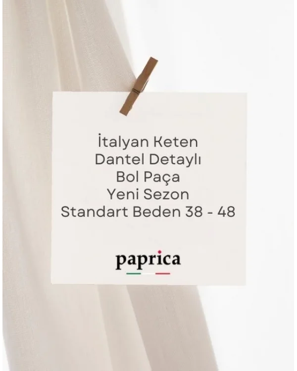 İtalyan Tasarım Keten Dantel Detaylı Pantolon Krem