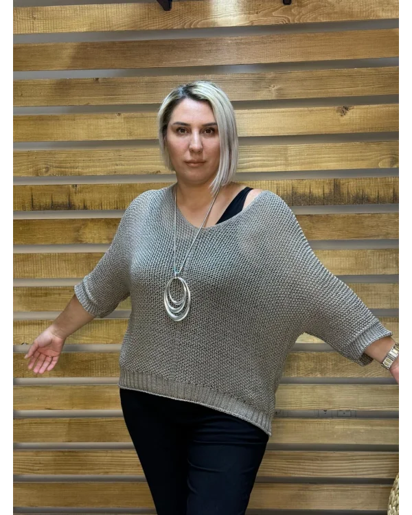 İtalyan Tasarım Merserize V Yaka Bluz Vizon