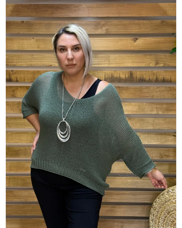 İtalyan Tasarım Merserize V Yaka Bluz Haki