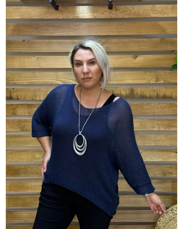 İtalyan Tasarım Merserize V Yaka Bluz Lacivert