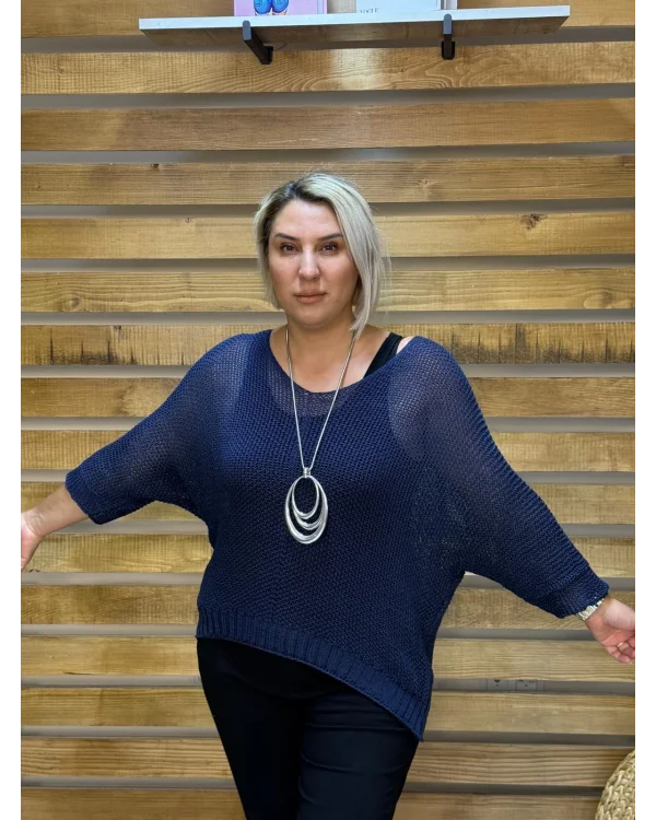 İtalyan Tasarım Merserize V Yaka Bluz Lacivert