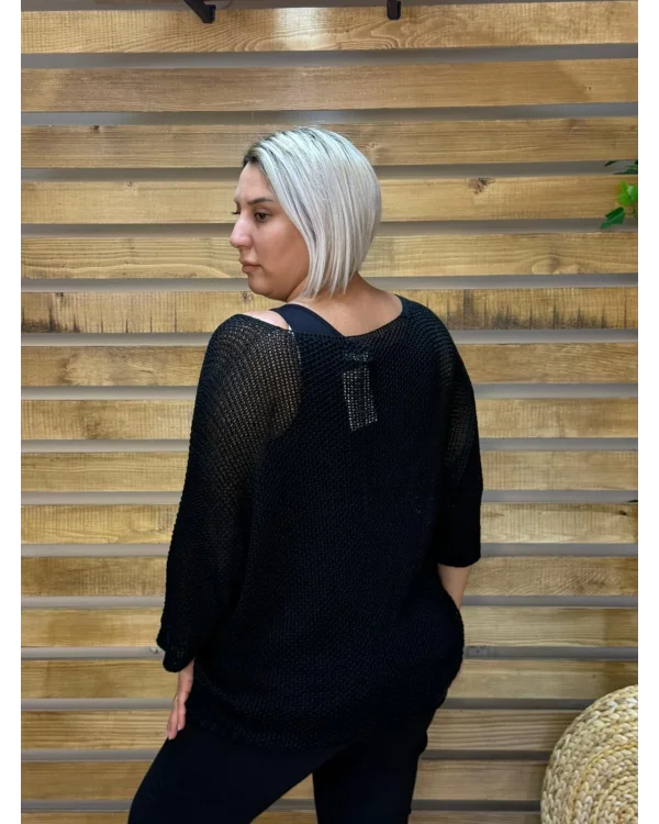 İtalyan Tasarım Merserize V Yaka Bluz Siyah