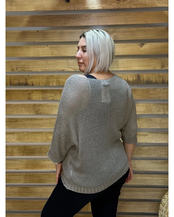 İtalyan Tasarım Merserize V Yaka Bluz Vizon