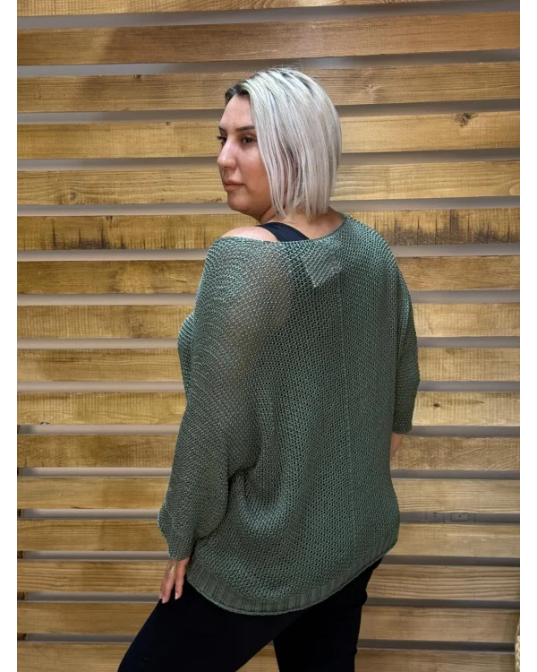 İtalyan Tasarım Merserize V Yaka Bluz Haki