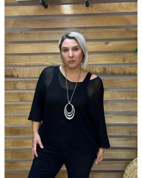 İtalyan Tasarım Merserize V Yaka Bluz Siyah