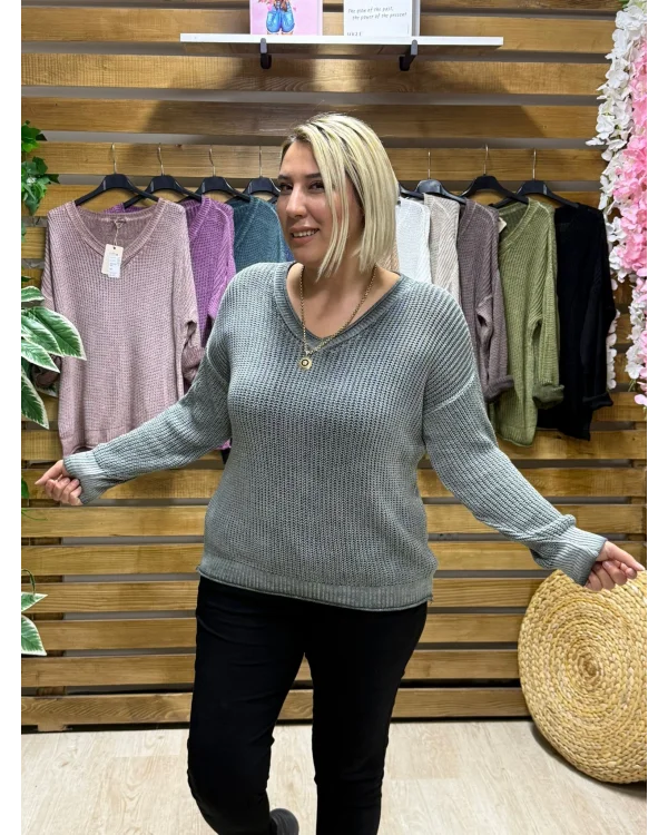 İtalyan Tasarım Merserize V Yaka Bluz Haki