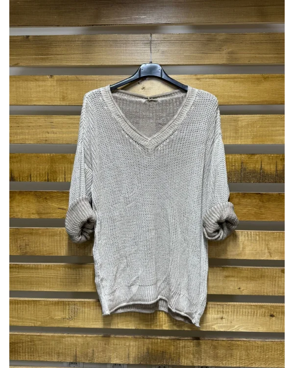 İtalyan Tasarım Merserize V Yaka Bluz Bej