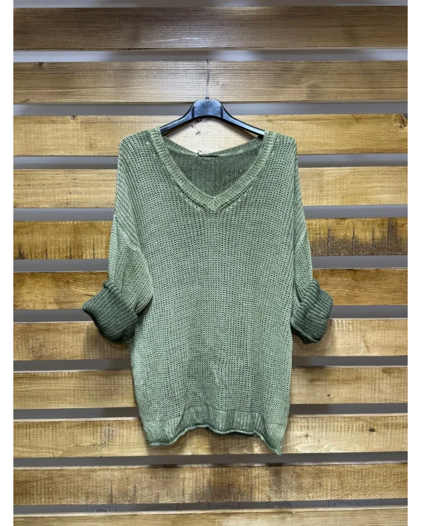 İtalyan Tasarım Merserize V Yaka Bluz Yeşil