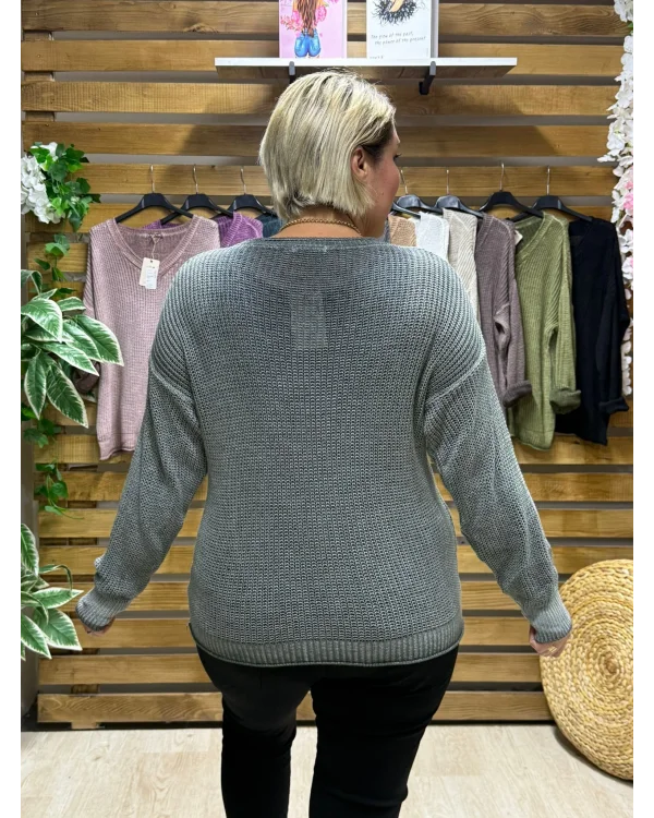 İtalyan Tasarım Merserize V Yaka Bluz Haki