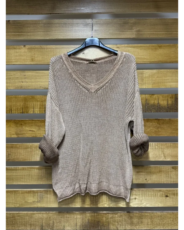 İtalyan Tasarım Merserize V Yaka Bluz Camel