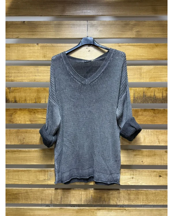 İtalyan Tasarım Merserize V Yaka Bluz Antrasit