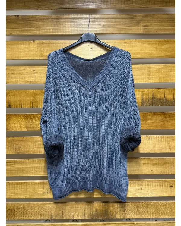 İtalyan Tasarım Merserize V Yaka Bluz Lacivert