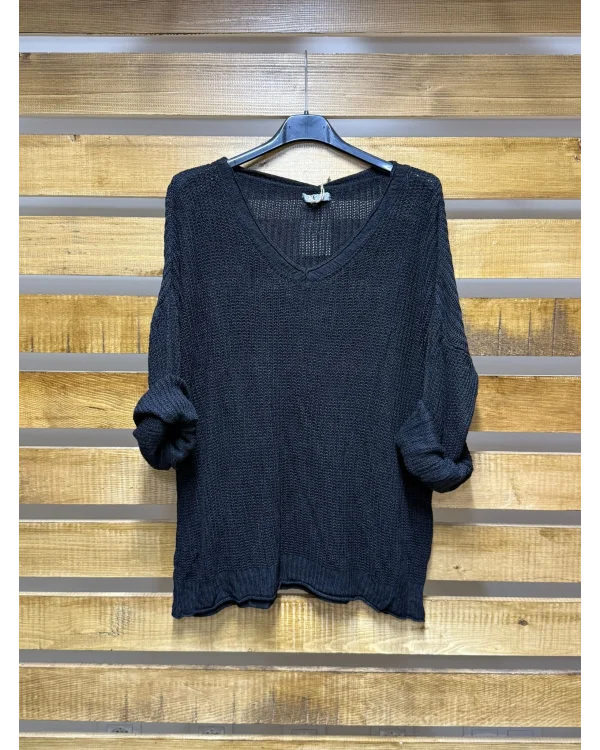 İtalyan Tasarım Merserize V Yaka Bluz Siyah