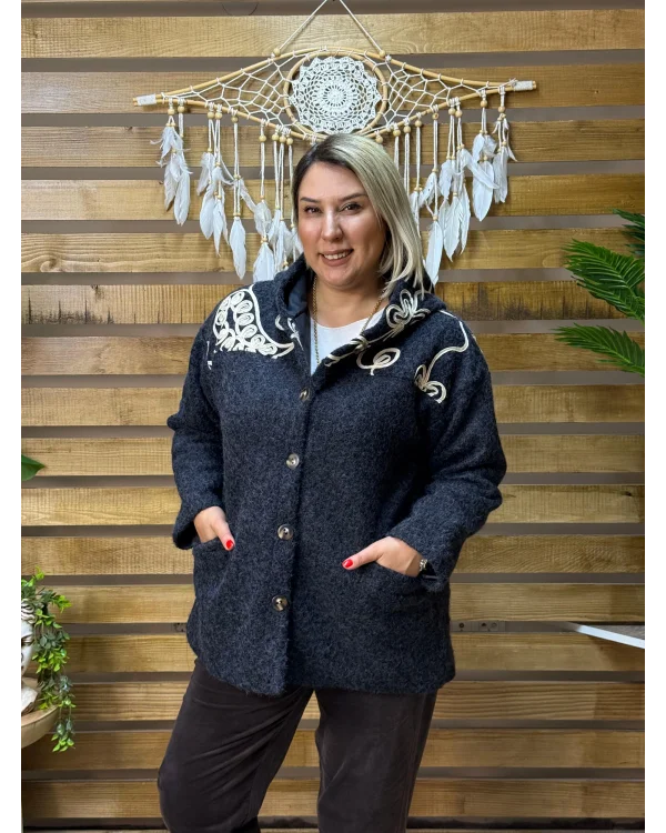 İtalyan Tasarım Şerit Desen Kapüşonlu Keçe Ceket Siyah