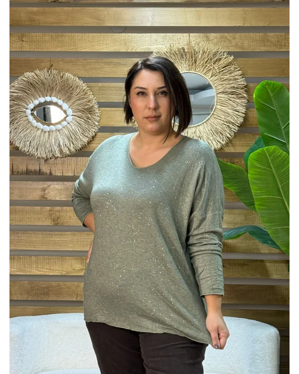 İtalyan Tasarım Sim İşlemeli V Yaka Triko Bluz Haki