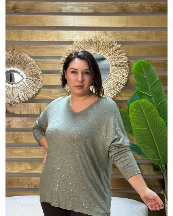 İtalyan Tasarım Sim İşlemeli V Yaka Triko Bluz Haki